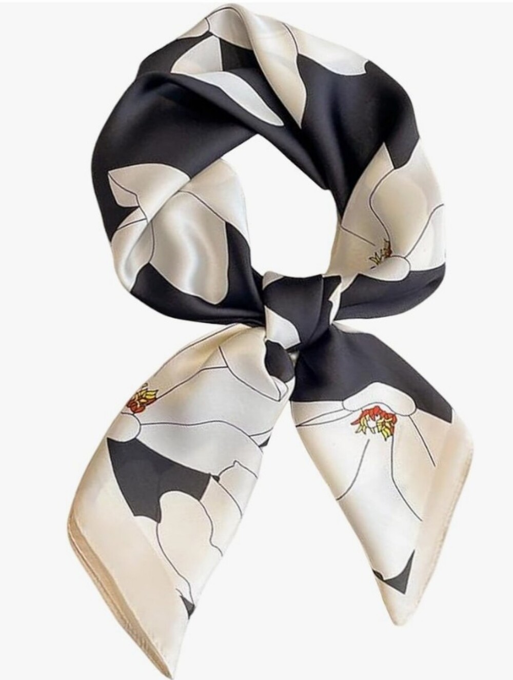 Silk-Feel White Floral  Art Print Neck Scarf 27.5'
